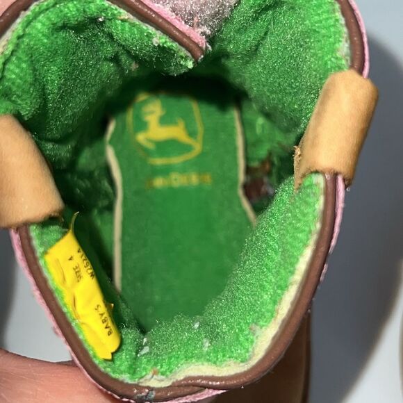 John Deere Infant Baby Girl Cowgirl Boots Pink Tan Leather Size 4 Soft Sole Grip - Picture 12 of 13